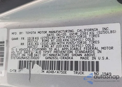 2005 Toyota Tacoma Prerunner V6 z USA, uszkodzony, nr VIN 5TETU62N45Z113020